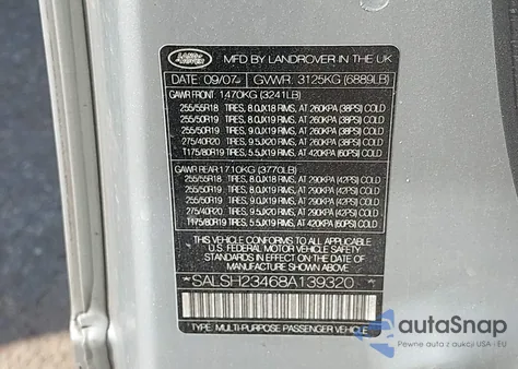 2008 Land Rover Range Rover Sport Supercharged z USA, uszkodzony, nr VIN SALSH23468A139320